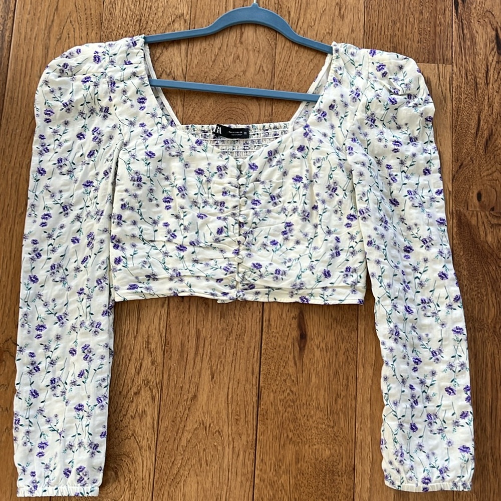 Zara size small long sleeve crop top floral 100 cotton lavender cream